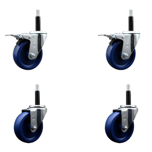 4'' Solid Poly Swivel 3/4'' Expanding Stem Caster Set 2 Total Lock Brakes, 4PK